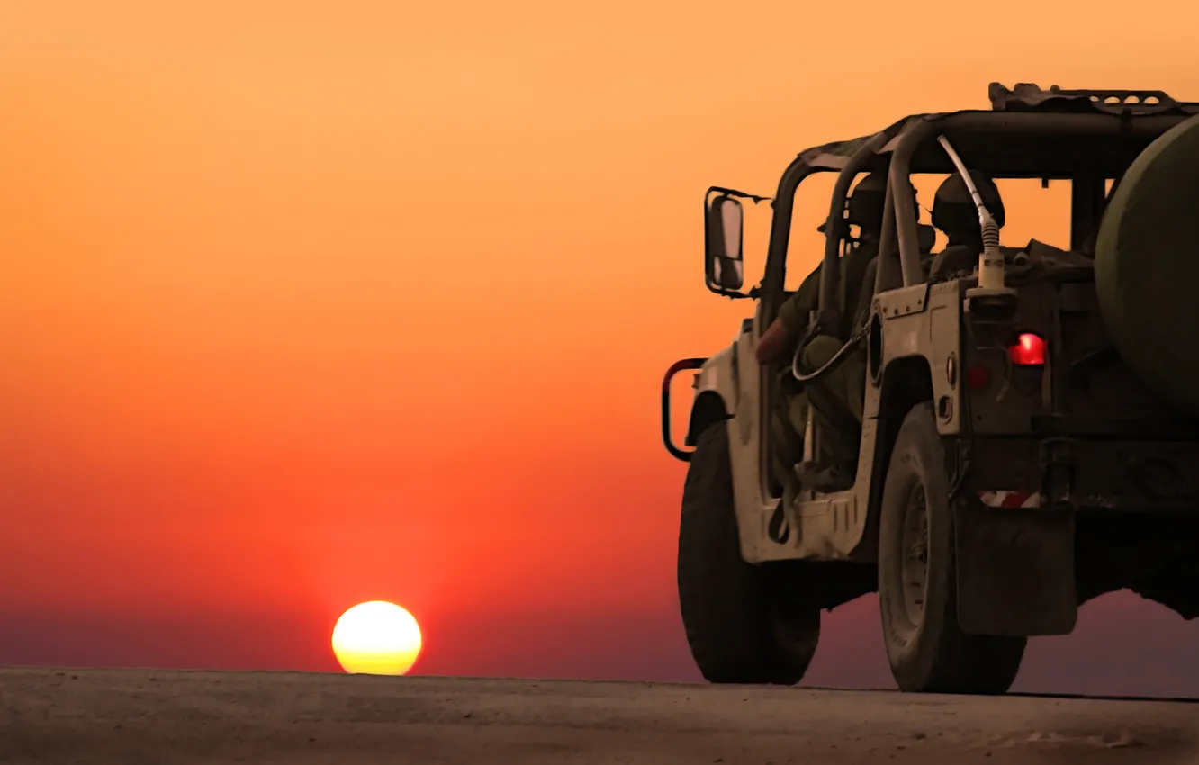 Photo wallpaper road, machine, war, landscapes, horizon, fighters, sunset