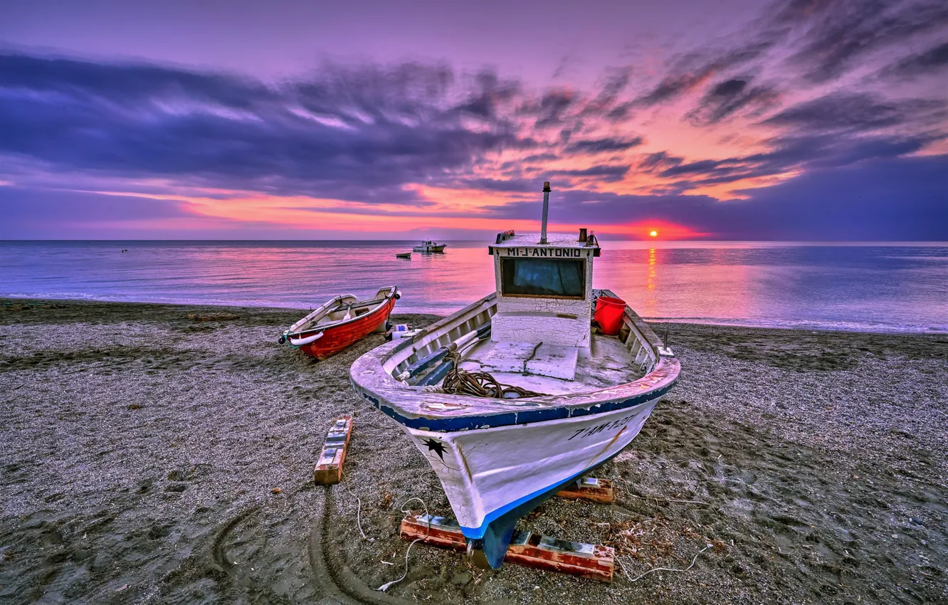 Photo wallpaper sea, sunset, shore, boats