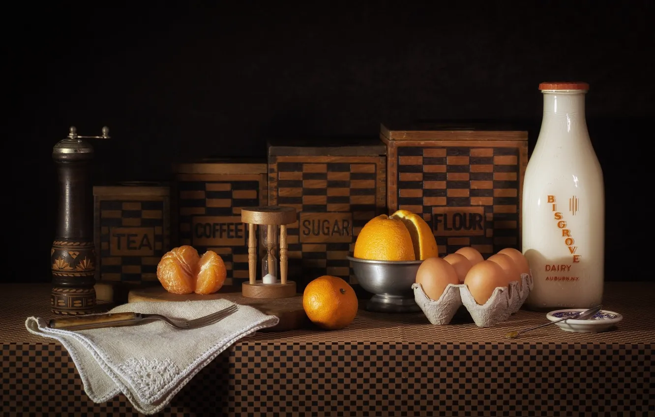 Photo wallpaper orange, food, milk, still life, tangerines