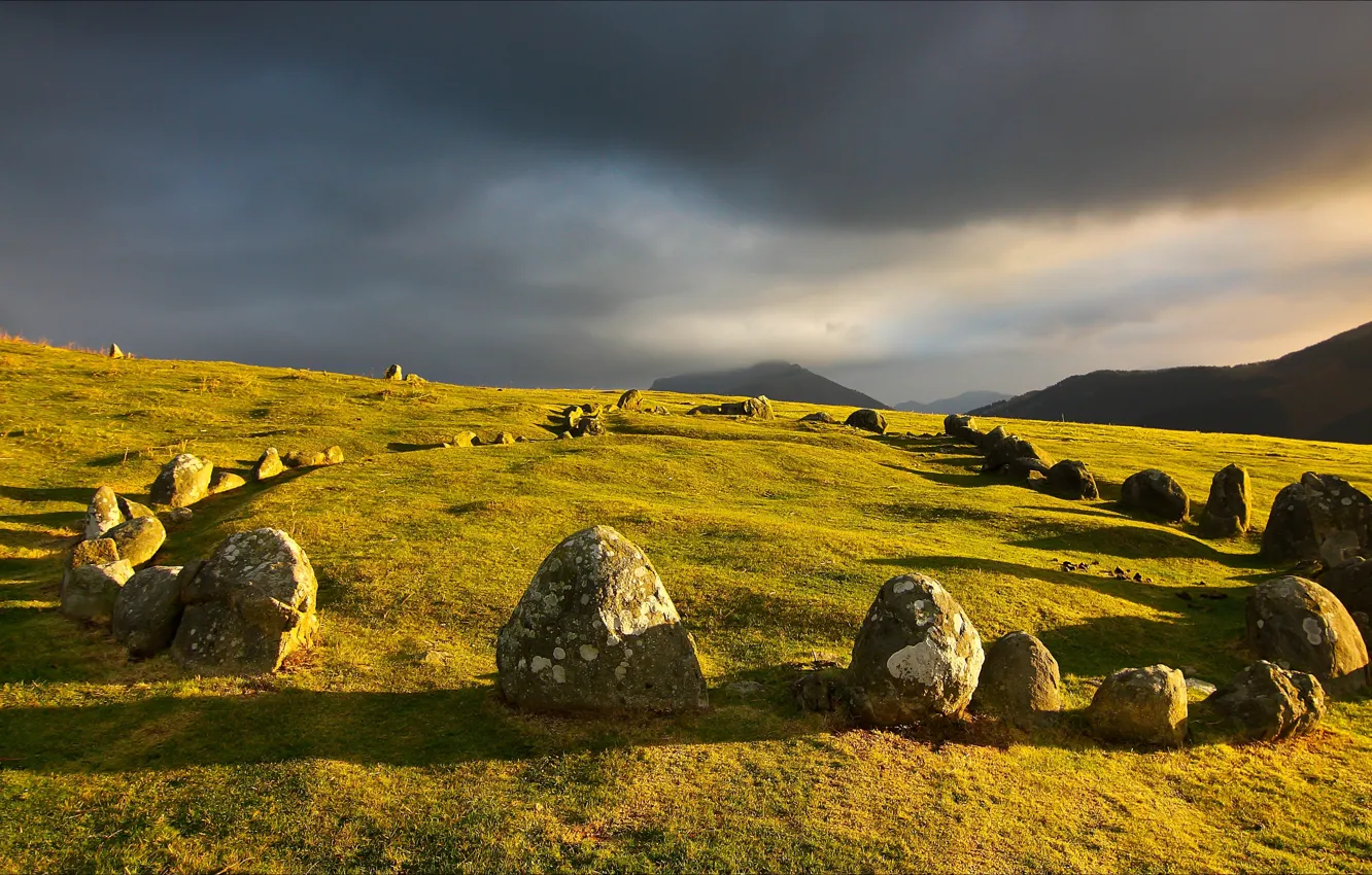 Photo wallpaper the sky, grass, sunset, mountains, clouds, nature, stones, hills