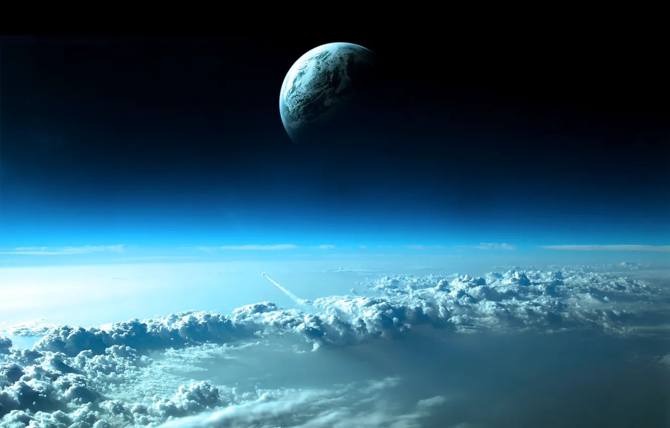 Photo wallpaper the sky, space, clouds, planet, rocket