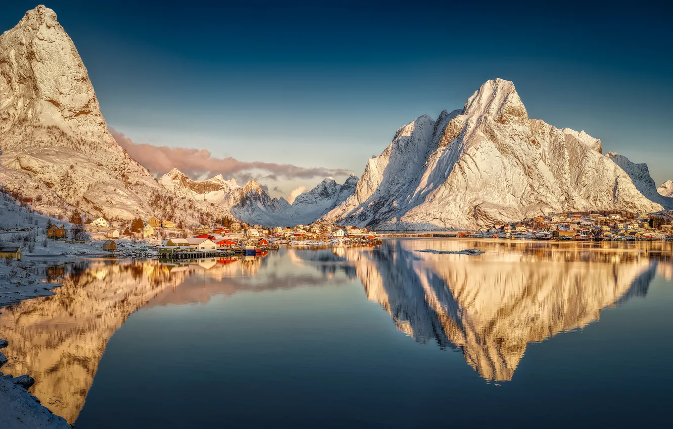 Photo wallpaper mountains, reflection, village, Norway, Norway, the fjord, Nordland, The Lofoten Islands