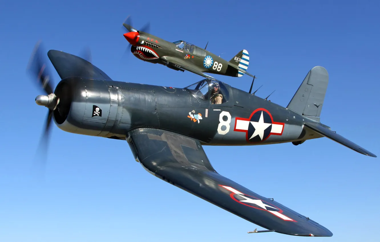 Photo wallpaper the sky, flight, retro, fighter, pair, pilot, the plane, Corsair