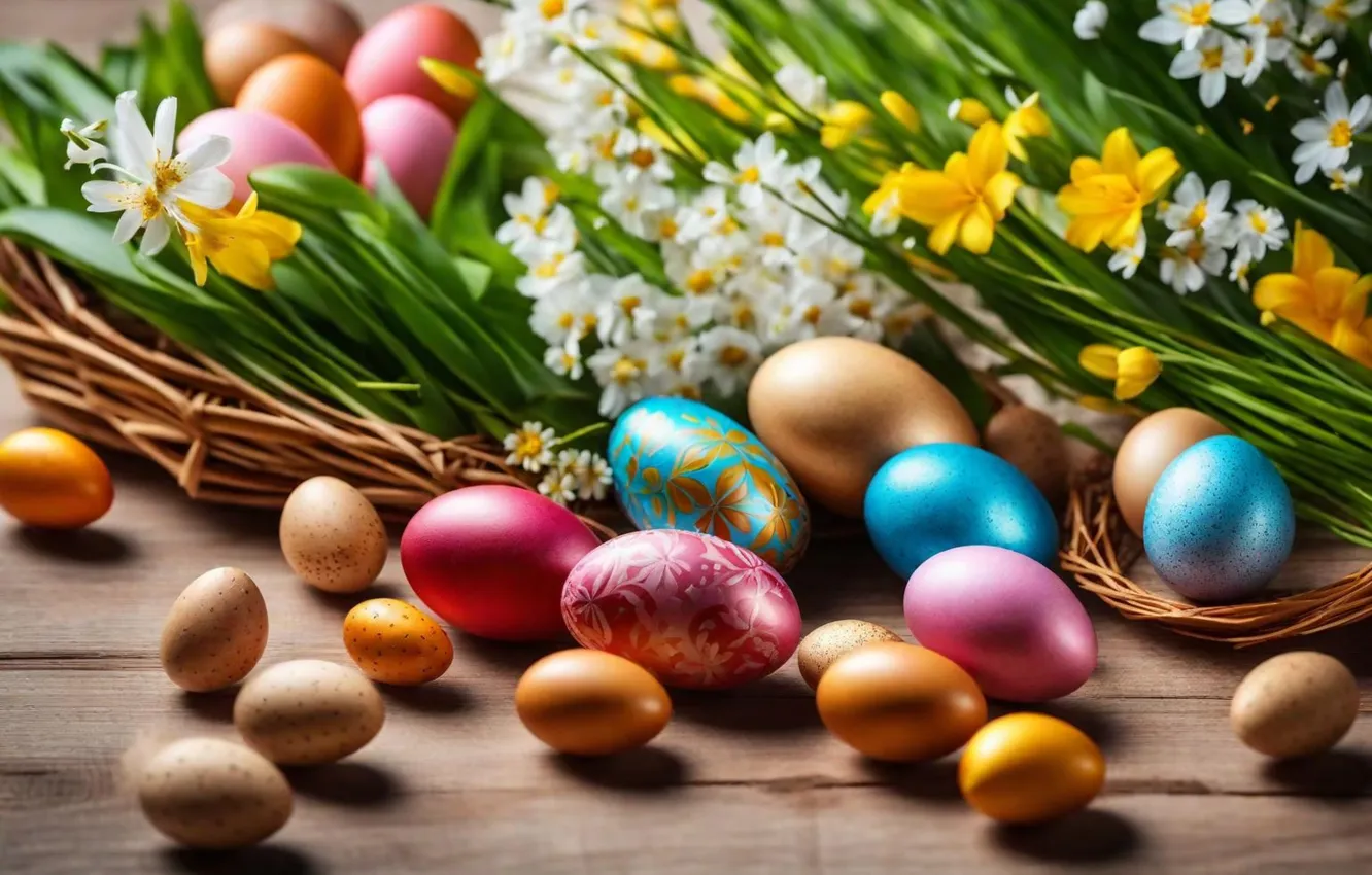 Photo wallpaper flowers, eggs, spring, colorful, Easter, flowers, spring, Easter