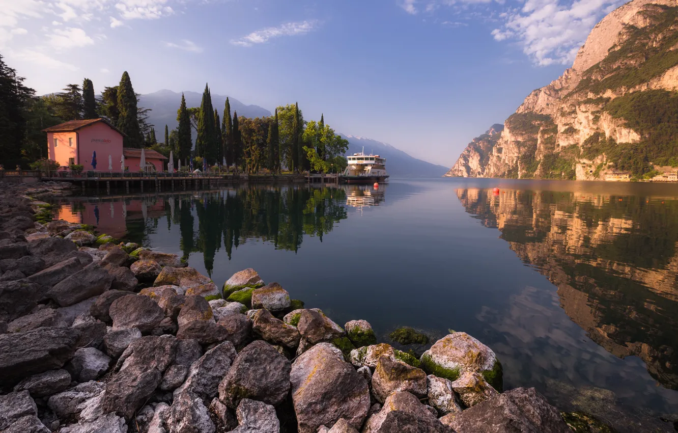 Photo wallpaper trees, mountains, lake, reflection, stones, shore, ship, Marina