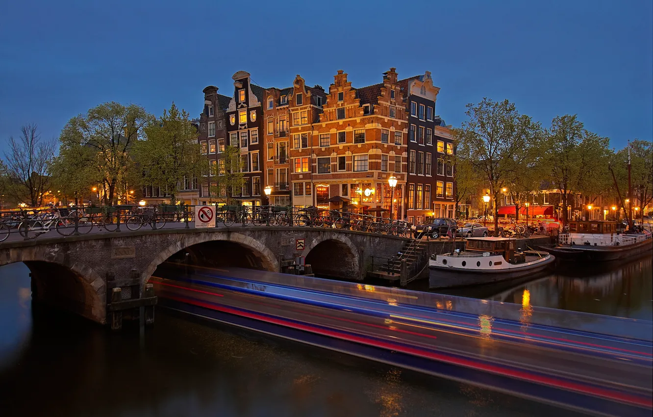 Photo wallpaper night, bridge, lights, home, Amsterdam, channel, Netherlands