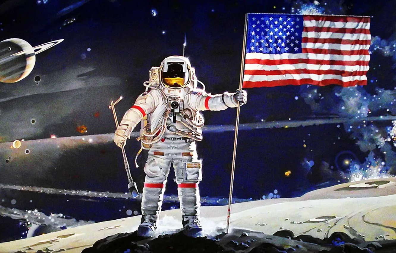 Photo wallpaper The moon, flag, USA, America, Apollo