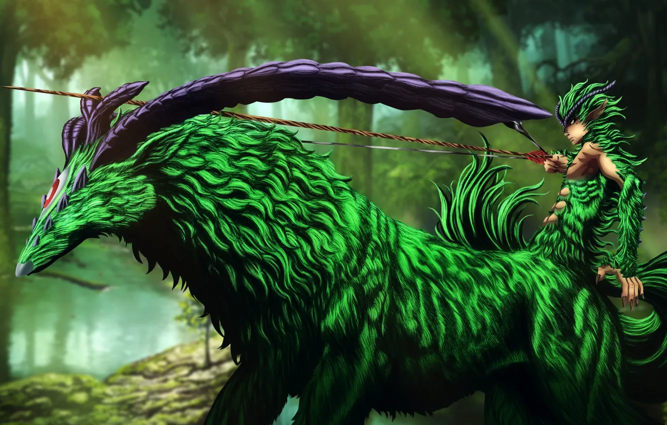 Photo wallpaper green, horns, Berserk, evil, bow, warrior, archer, arrow