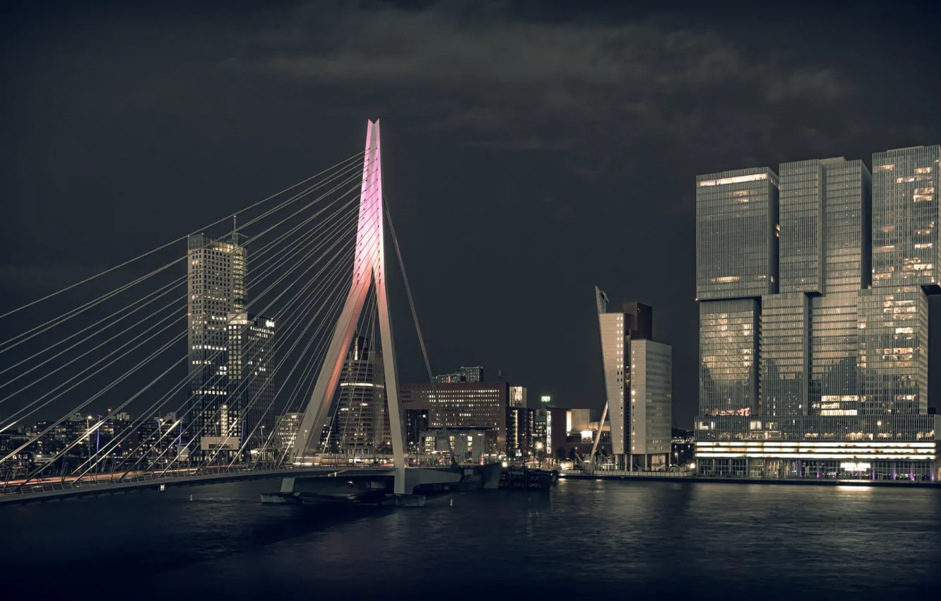 Photo wallpaper river, bridge, night, Netherlands, architecture, building, cityscape, Rotterdam