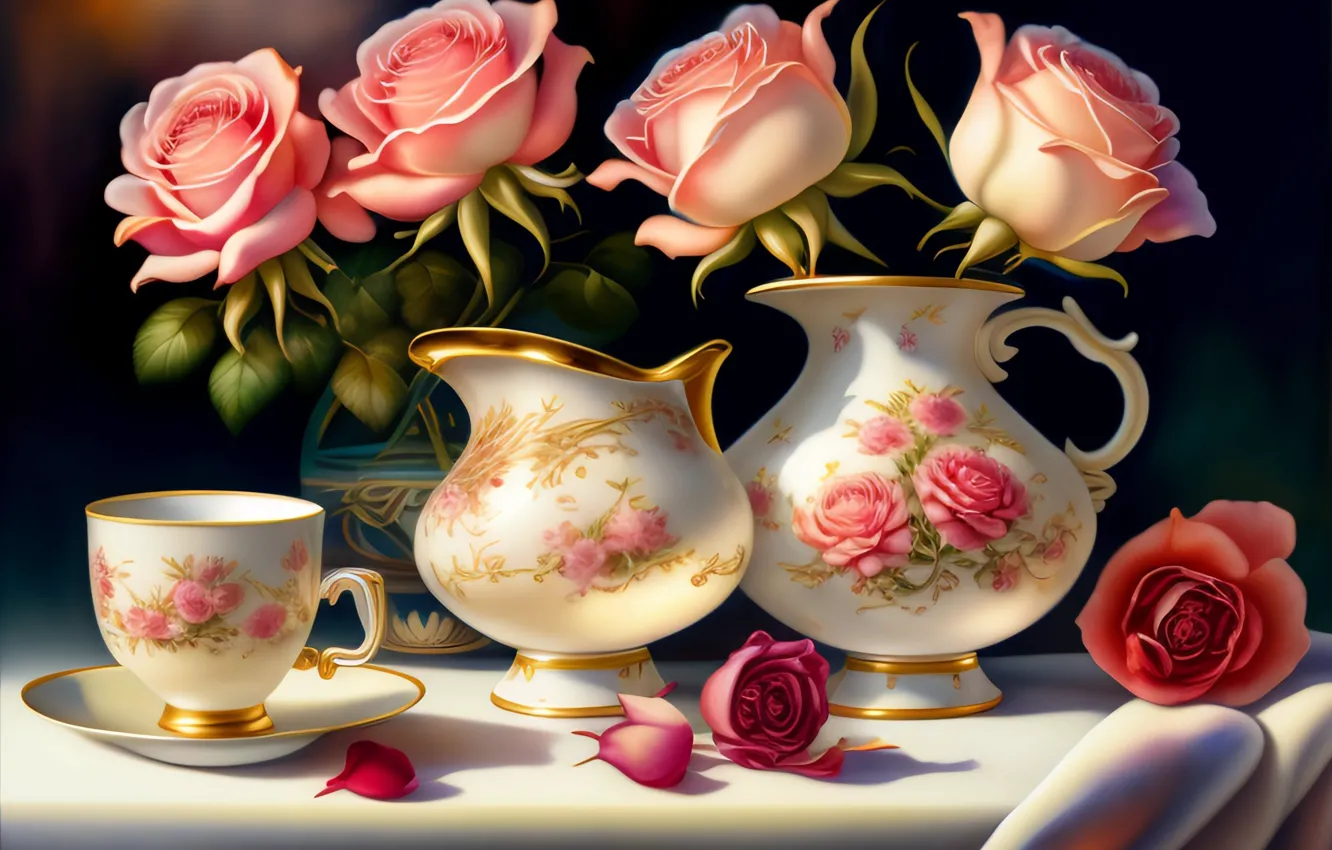 Photo wallpaper roses, art, set, digital art, digital art, AI art, digital painting, The Art of Artificial …