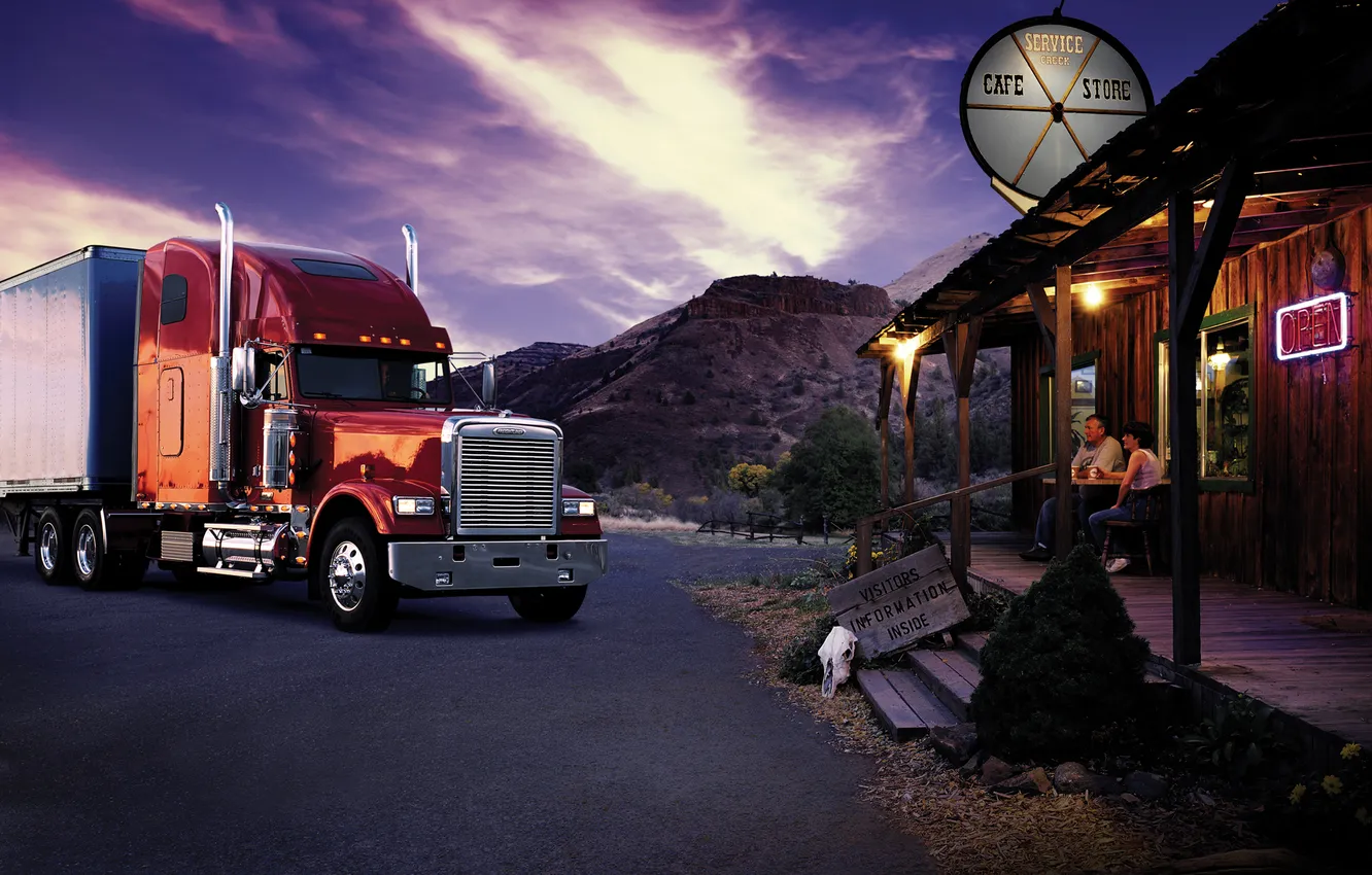 Photo wallpaper the evening, Truck, the trailer, Freightliner