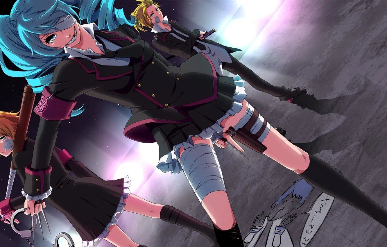 Photo wallpaper girl, smile, weapons, tie, male, blue eyes, hatsune miku, kagamine rin