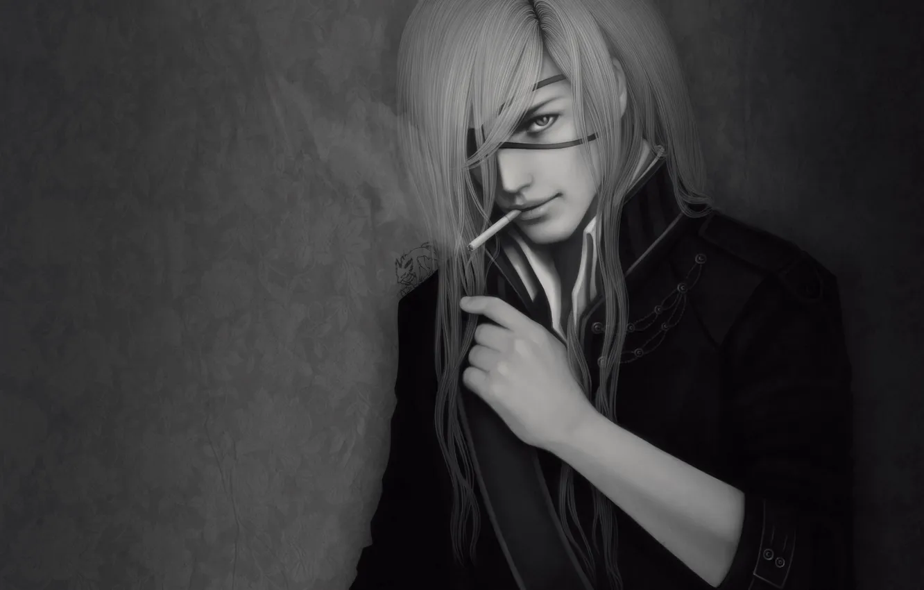 Photo wallpaper wall, cigarette, black and white, headband, guy, pochi to goshujin-sama, badou nails