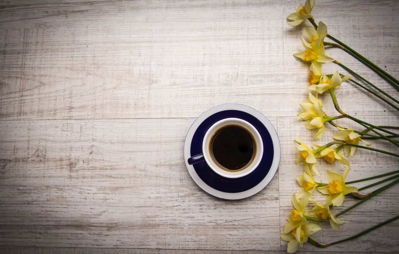 Photo wallpaper flowers, coffee, drink, flowers, daffodils, coffee