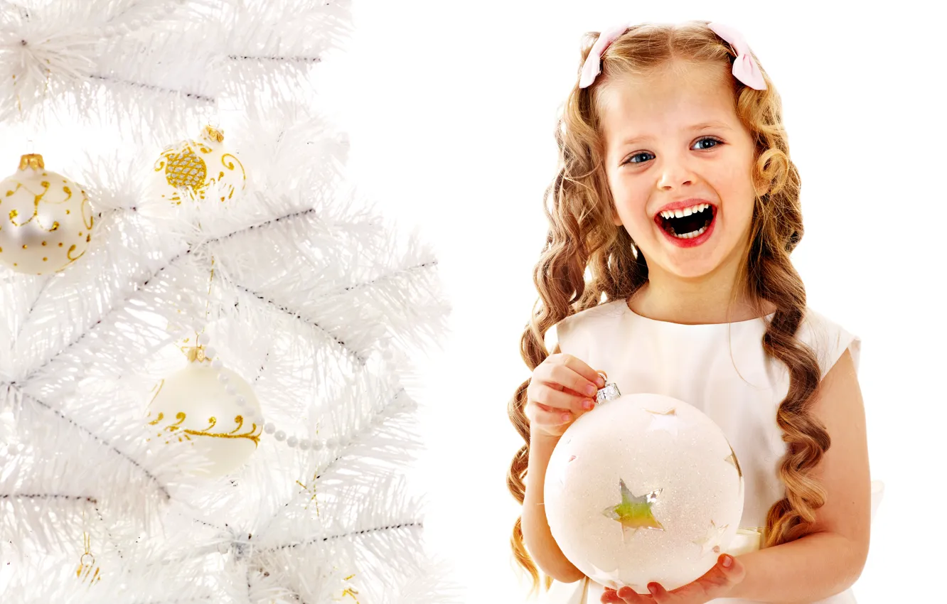 Photo wallpaper children, smile, gift, tree, child, New Year, Christmas, girl