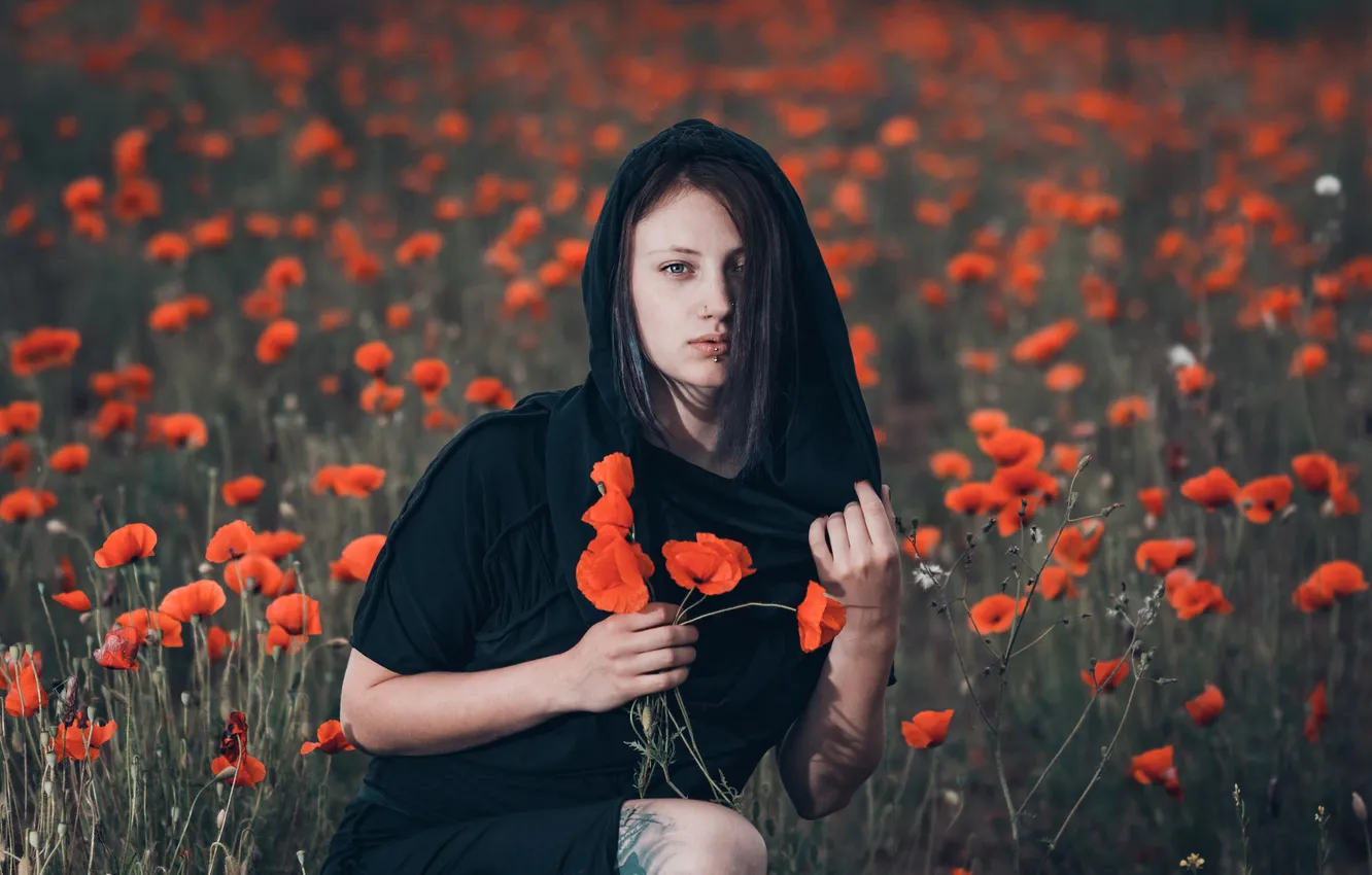 Photo wallpaper look, girl, flowers, red, nature, pose, Maki, portrait