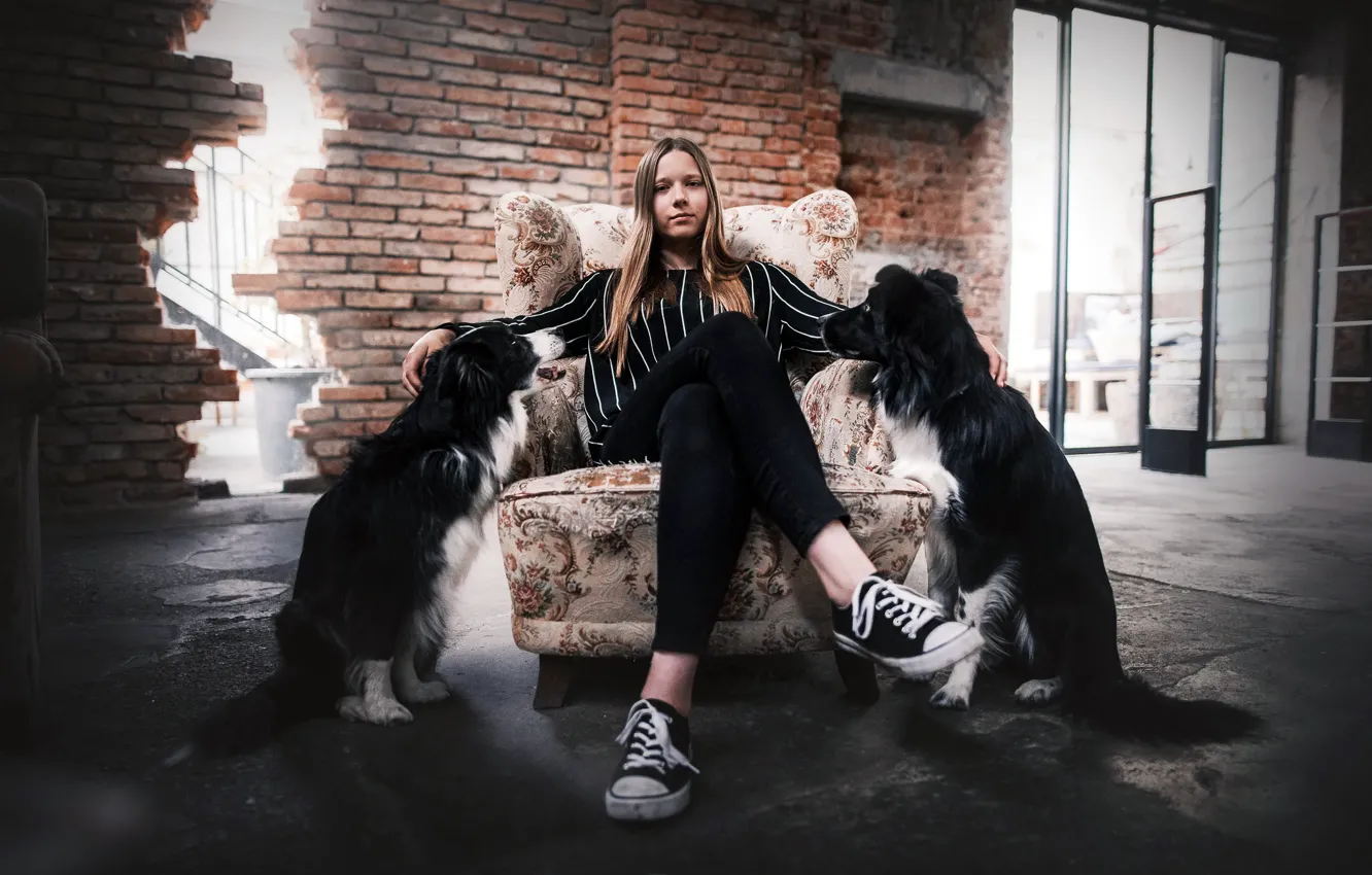 Photo wallpaper girl, home, dog