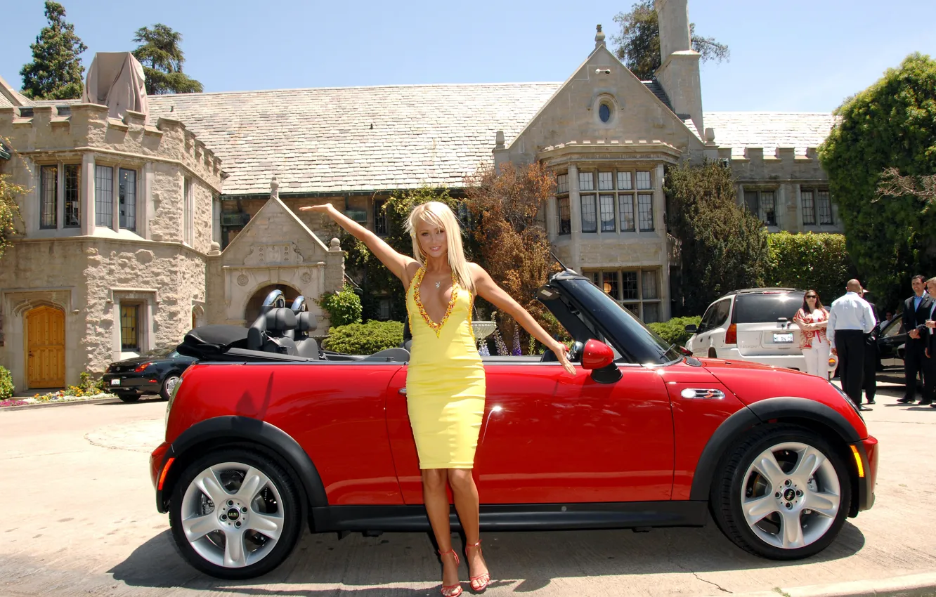 Photo wallpaper look, girl, Mini, Sara Jean, red car