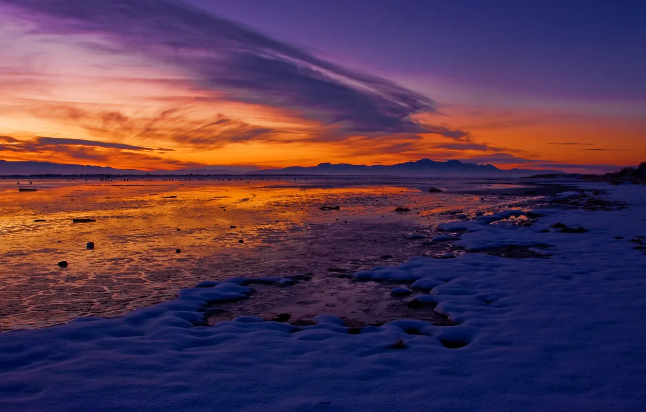 Photo wallpaper winter, the sky, snow, mountains, lake, dawn