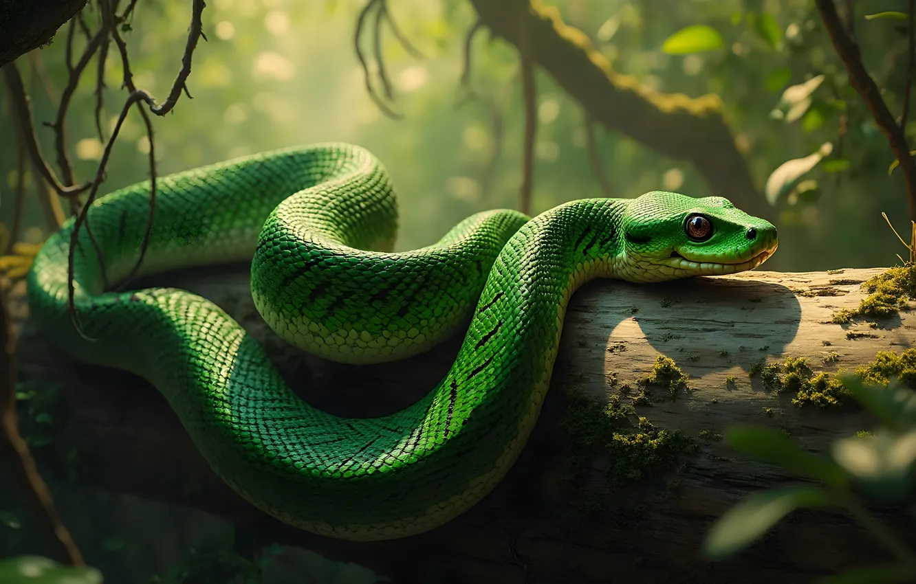 Photo wallpaper forest, leaves, light, branches, green, snake, Python, log