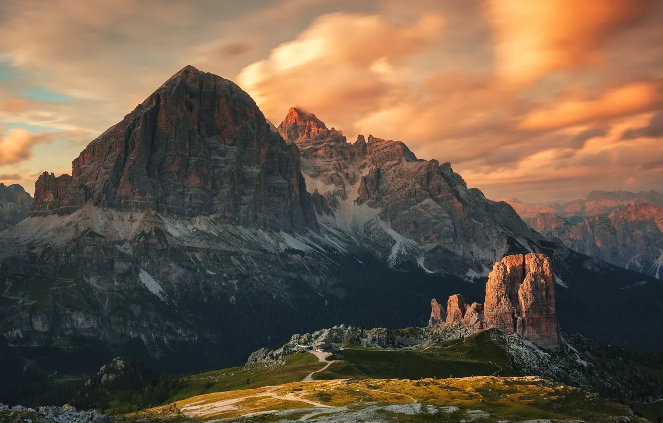 Photo wallpaper clouds, landscape, sunset, mountains, nature, Italy, The Dolomites, Cinque Torri