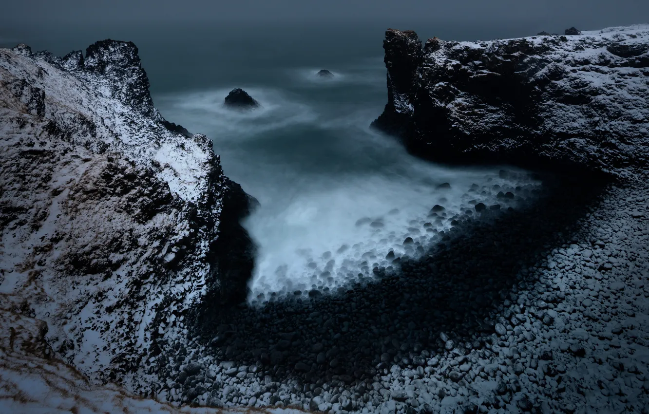 Photo wallpaper winter, sea, snow, mountains, fog, pebbles, stones, open