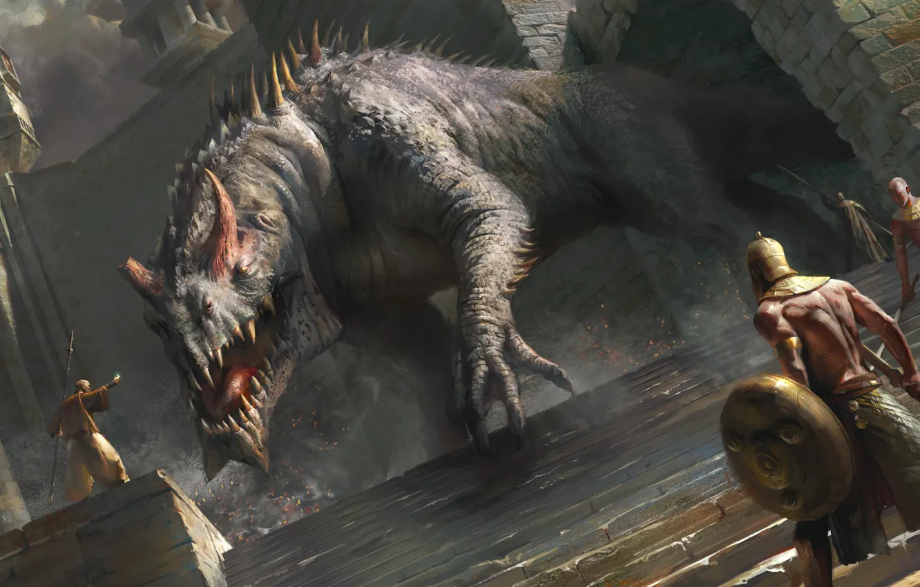 Photo wallpaper fiction, monster, paws, soldiers, tail, fangs, horns