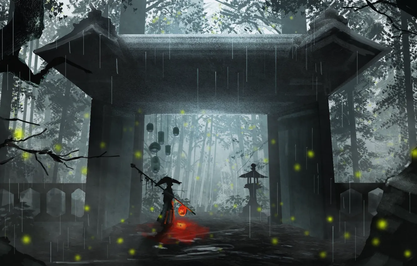 Photo wallpaper nature, fireflies, rain, temple, male, the gates
