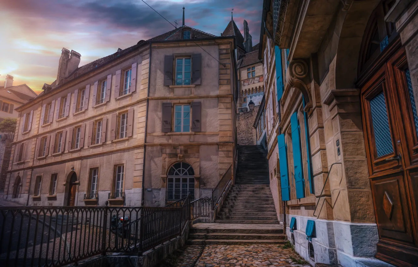 Photo wallpaper building, home, Switzerland, ladder, Switzerland, Neuchâtel, Neuchatel