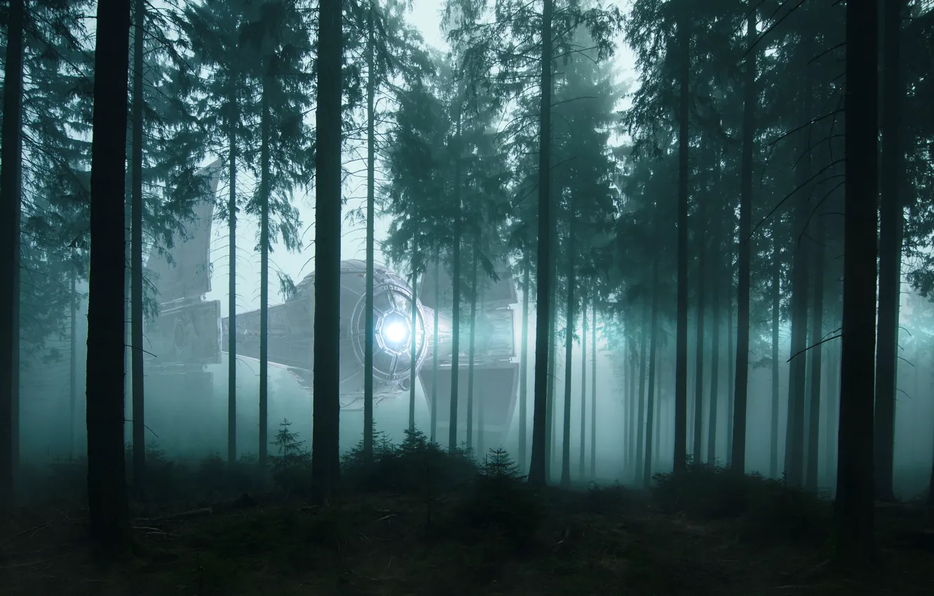 Photo wallpaper forest, light, trees, night, fog, fiction, ship, UFO