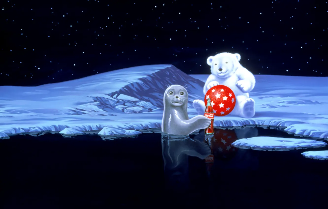Photo wallpaper water, stars, snow, red, the ball, seal, bear, coca-cola