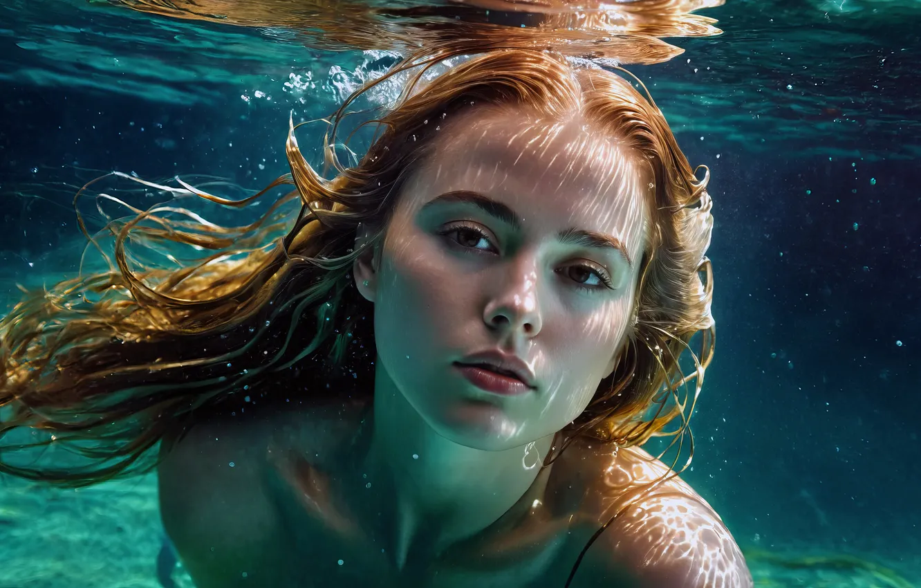 Photo wallpaper look, water, girl, face, pose, portrait, bathing, redhead