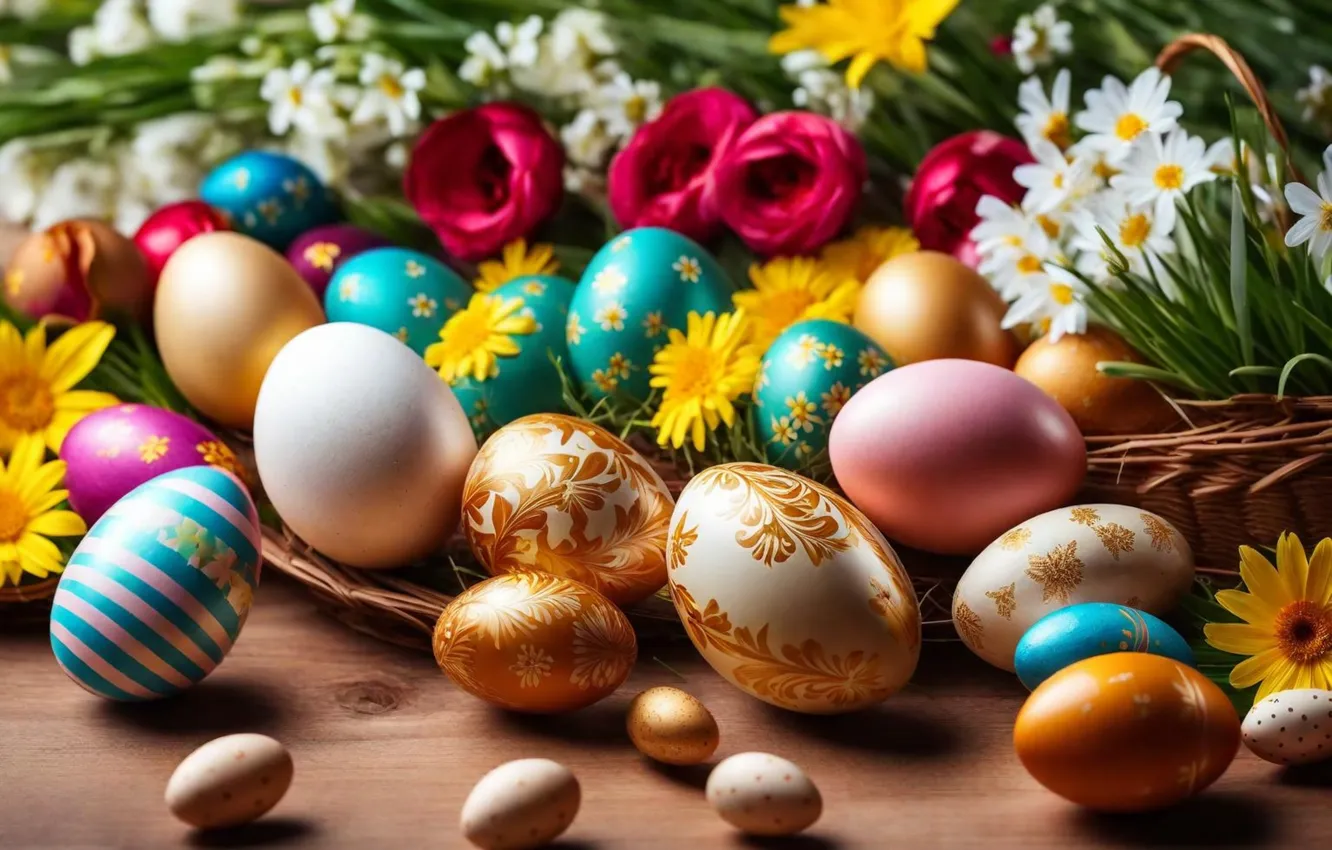 Photo wallpaper flowers, eggs, spring, colorful, Easter, flowers, spring, Easter