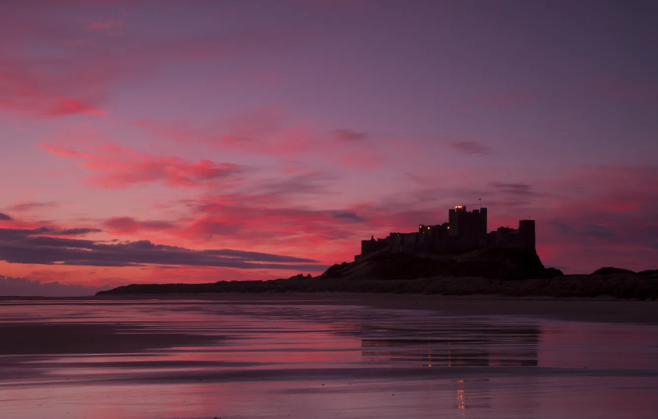 Photo wallpaper sea, the sky, clouds, landscape, sunset, castle, shore, England