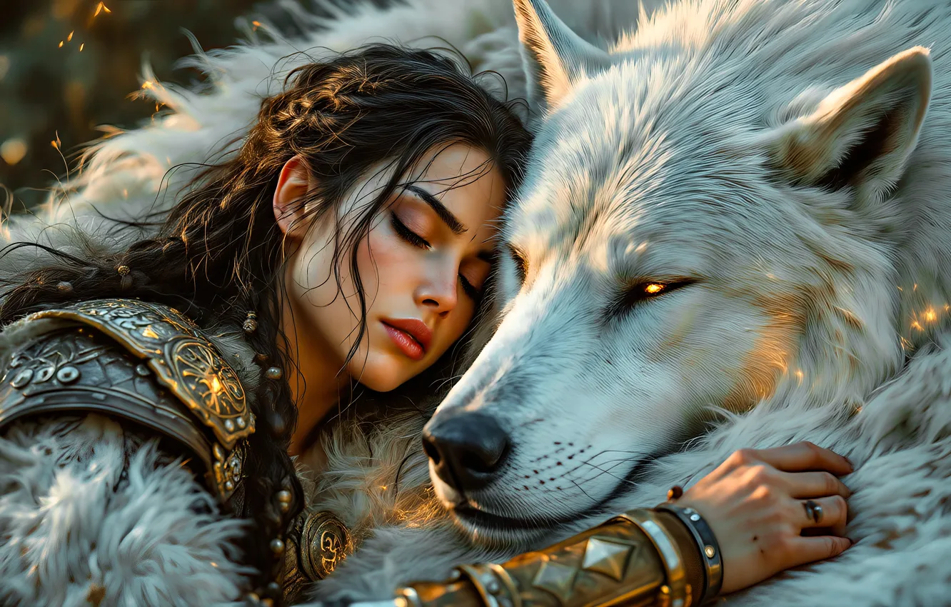 Photo wallpaper white, look, girl, light, each, together, wolf, sleep