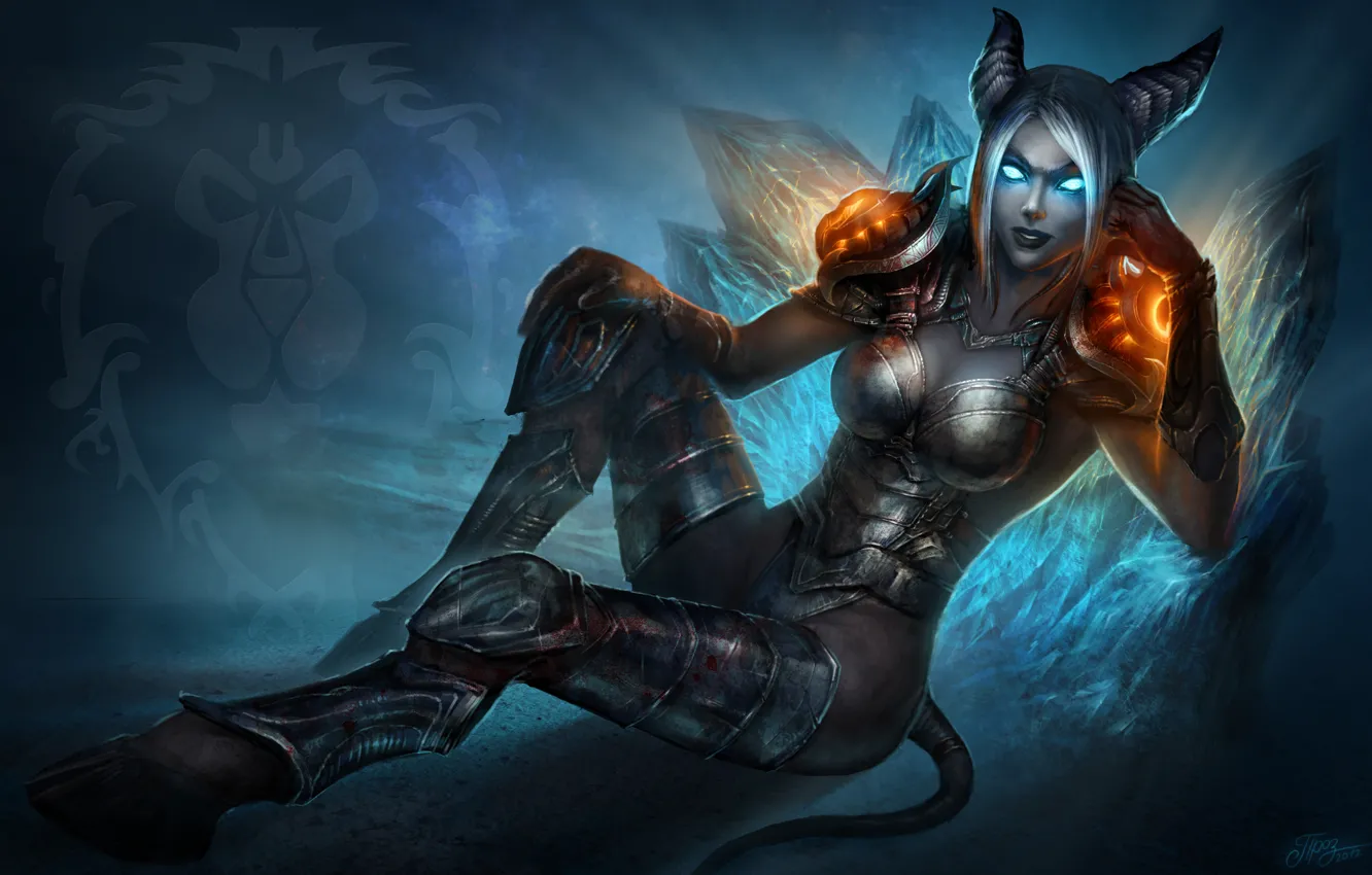 Photo wallpaper girl, magic, blood, armor, tail, horns, World of Warcraft, Death Knight