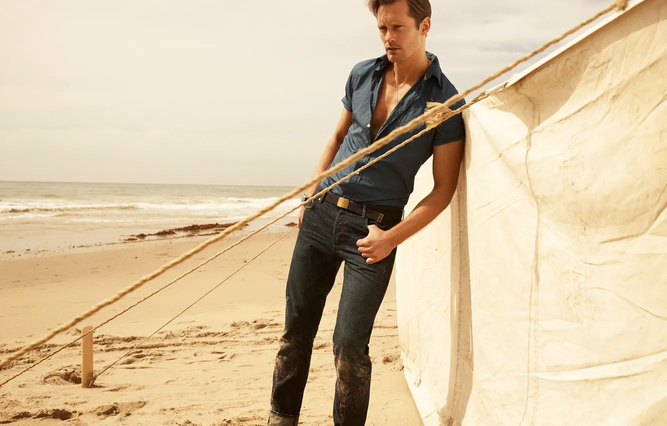 Photo wallpaper sand, sea, beach, the sun, jeans, male, shirt, photoshoot