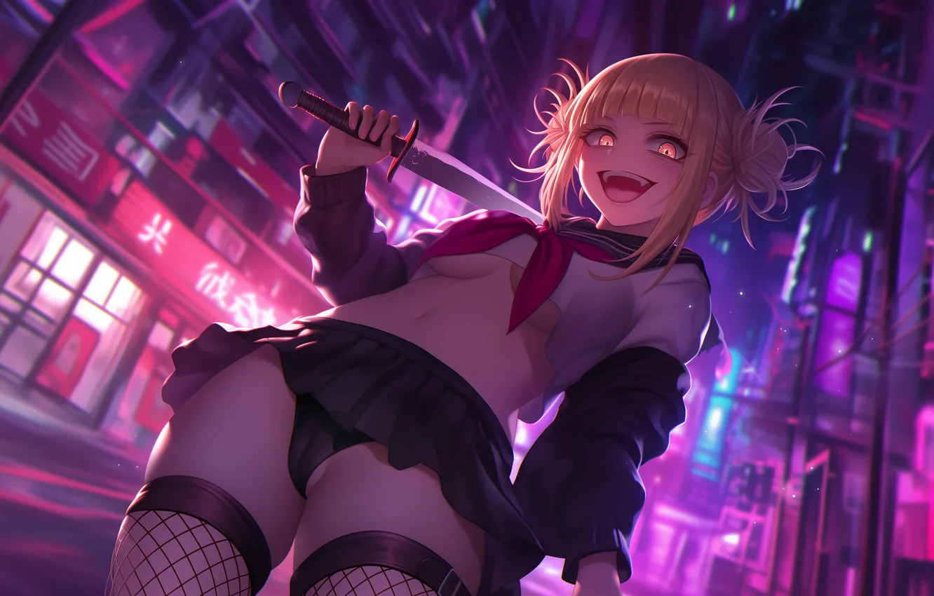 Photo wallpaper anime, art, wallpaper, night city, Neon, night city, My hero Academy, Himiko