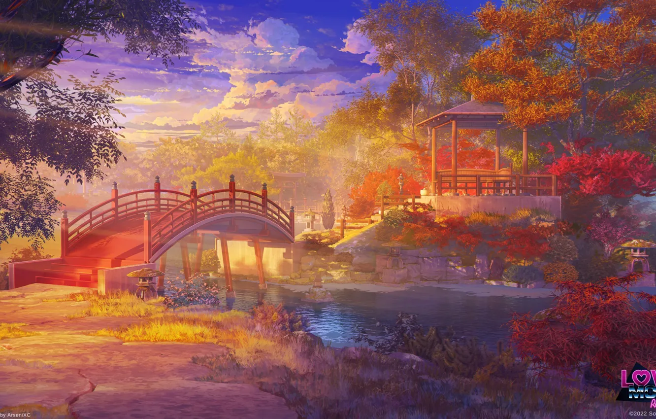 Photo wallpaper autumn, the sky, trees, pond, the bridge, gazebo, Japanese garden, arsenixc