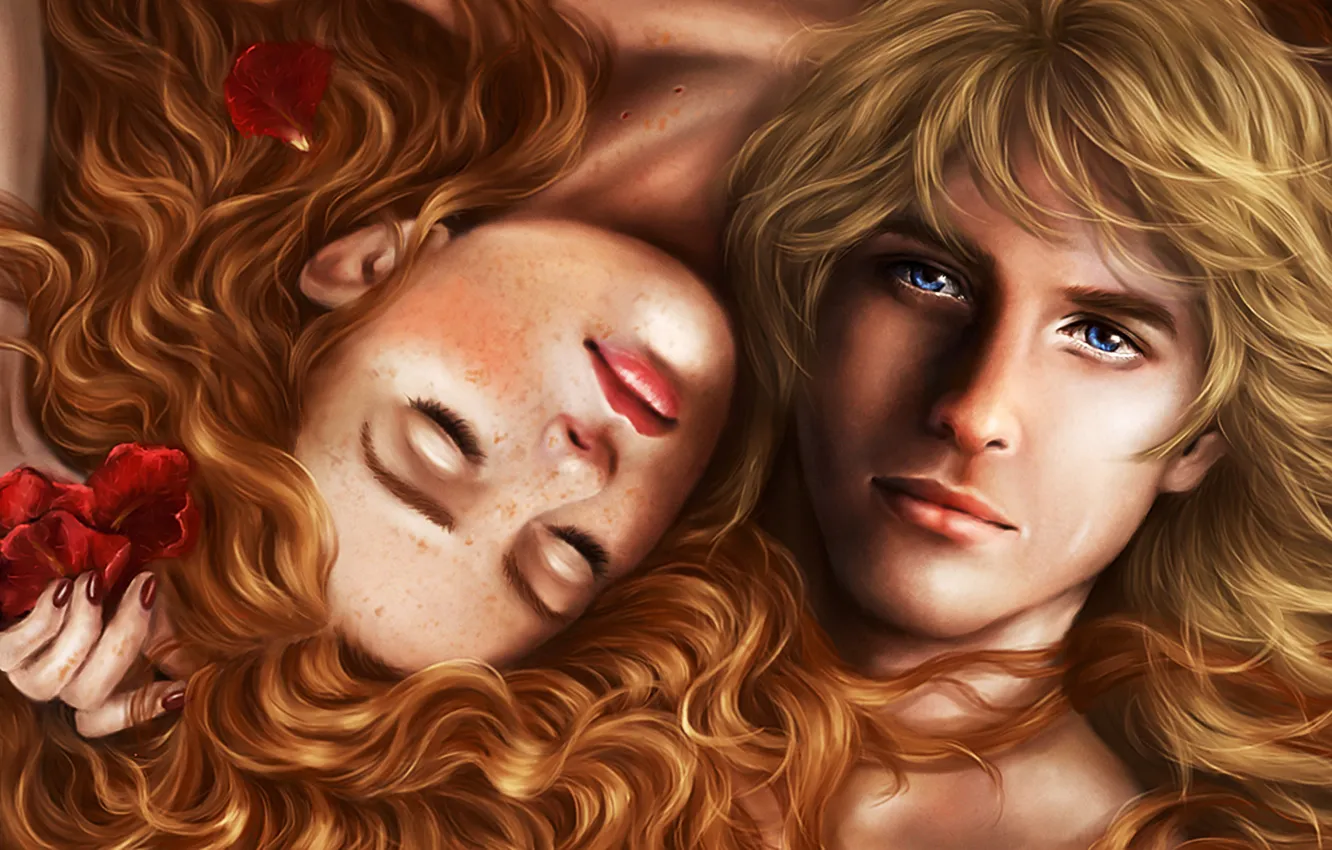 Photo wallpaper girl, love, flowers, hair, art, freckles, guy