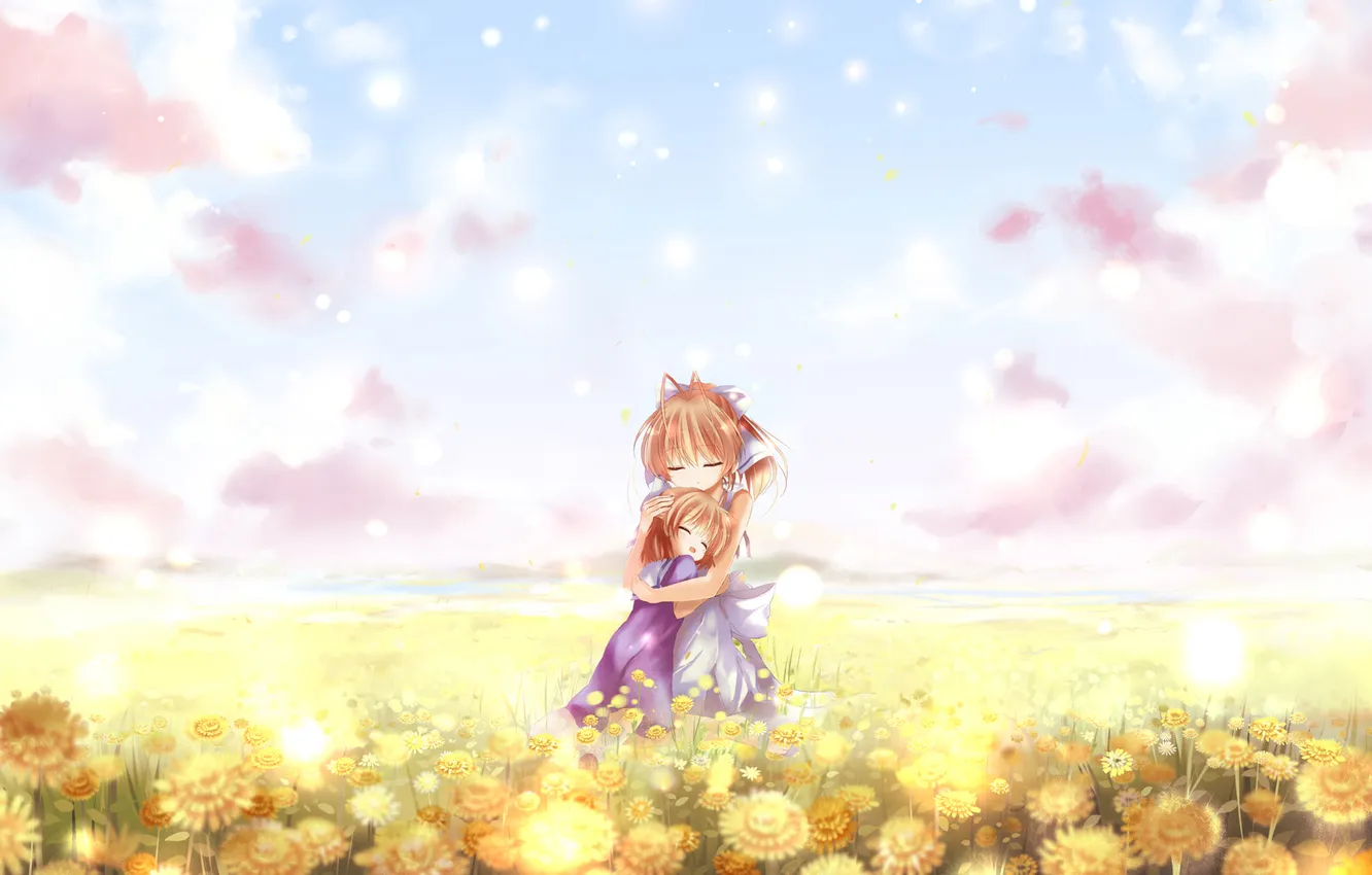 Photo wallpaper field, flowers, two, clannad, Nagisa Furukawa, Ushio Okazaki