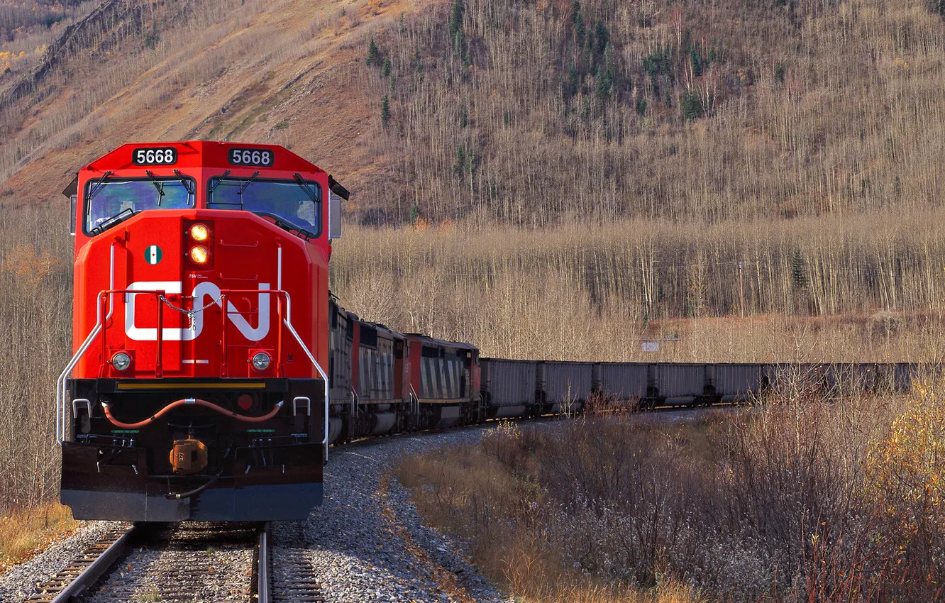 Photo wallpaper autumn, mountains, train, locomotive, composition