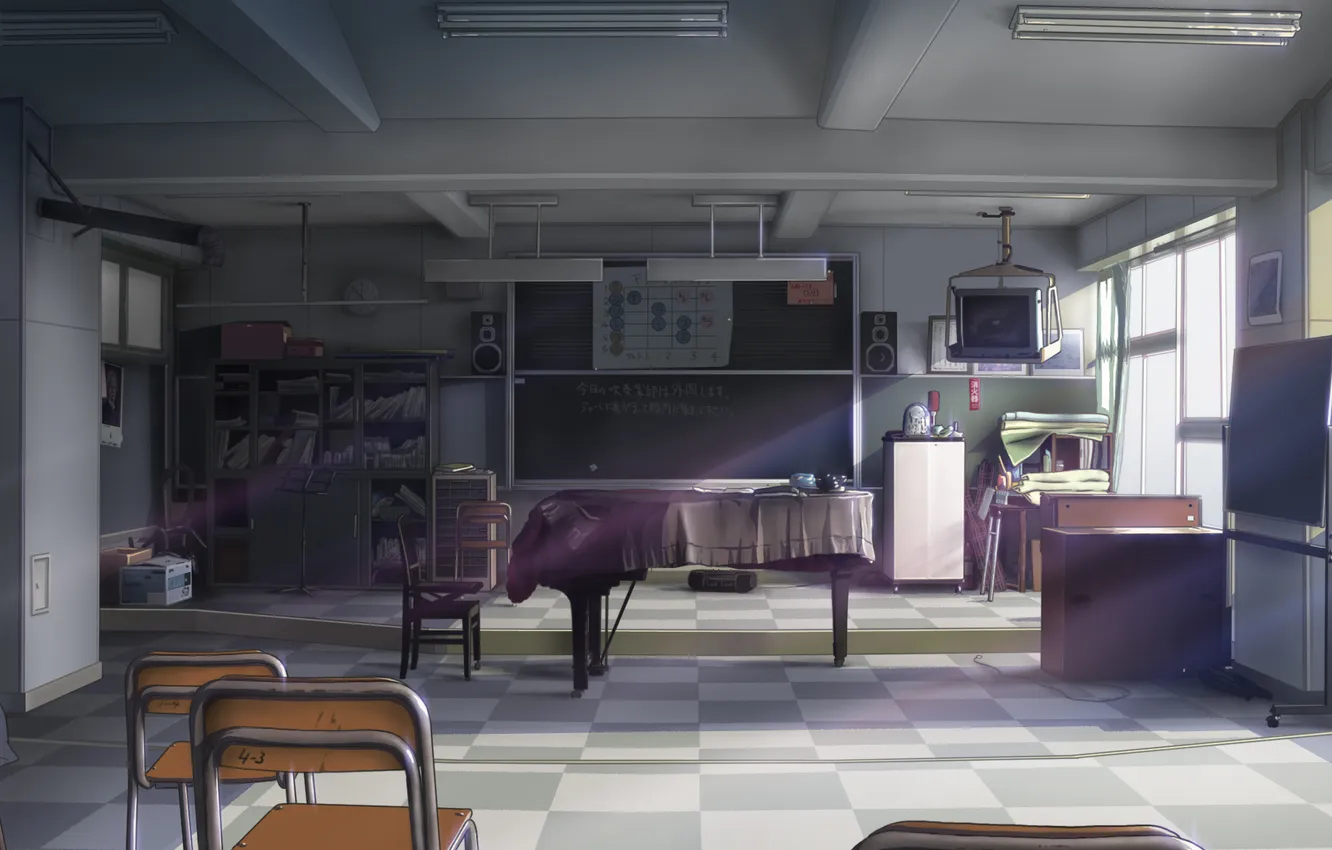 Photo wallpaper the sun, rays, Board, Japan, TV, chair, class, school