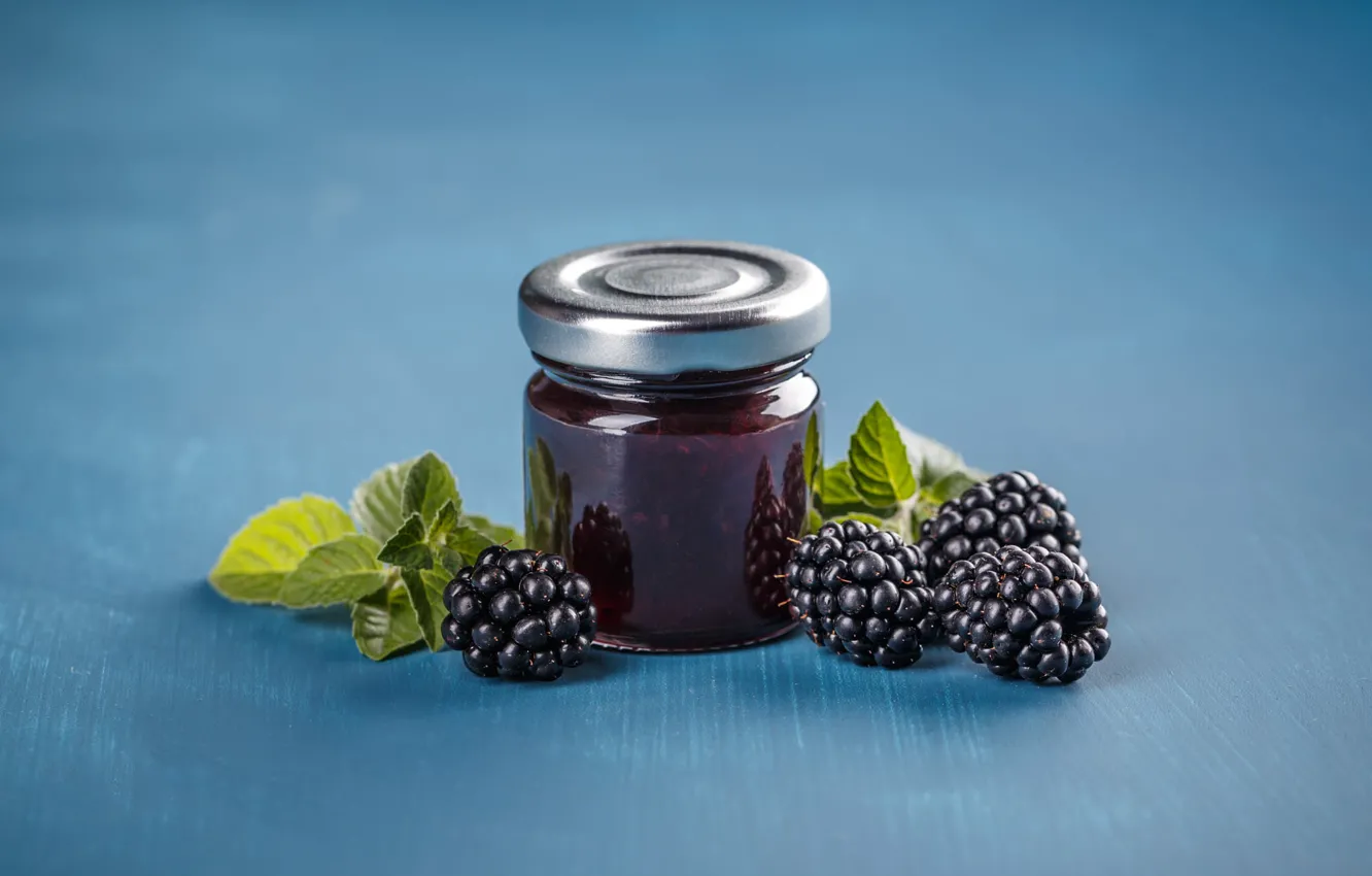 Photo wallpaper berries, table, minimalism, jars, Bank, blue background, BlackBerry, jam