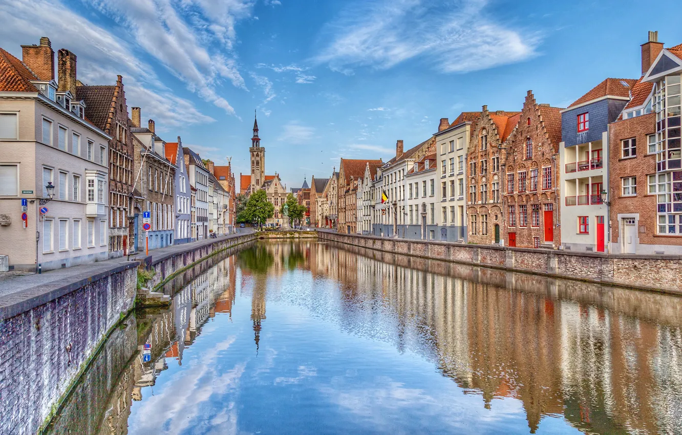 Photo wallpaper the sky, street, Belgium, water channel, Bruges