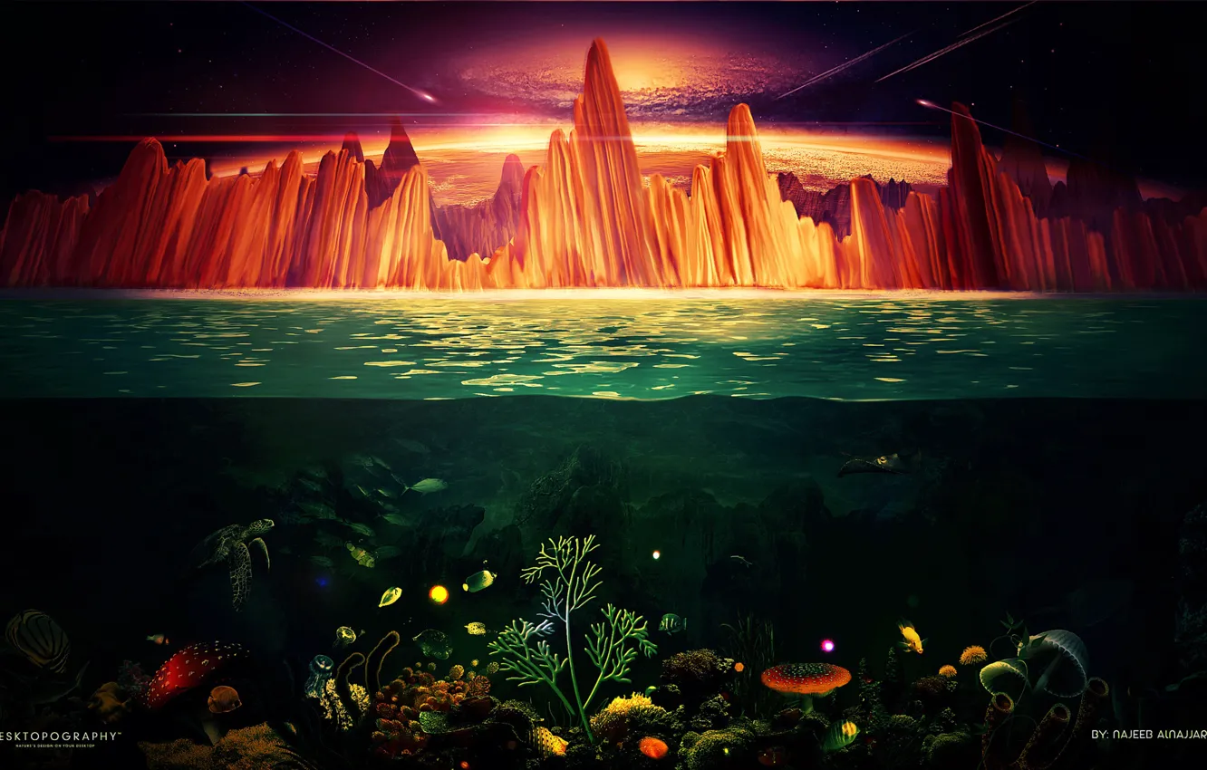 Photo wallpaper sea, the sky, rocks, turtle, glow, corals, meteorites, underwater world