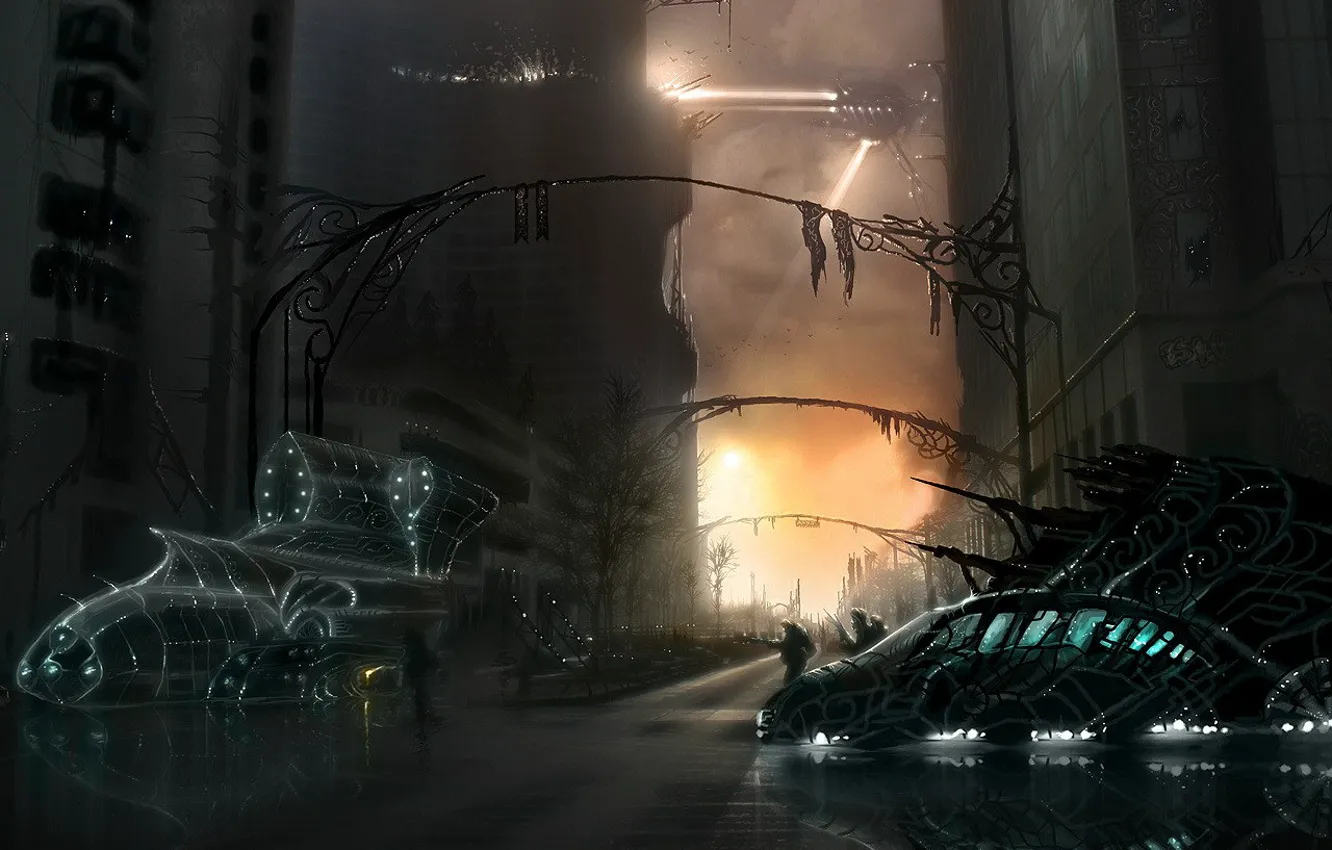 Photo wallpaper road, machine, lights, future