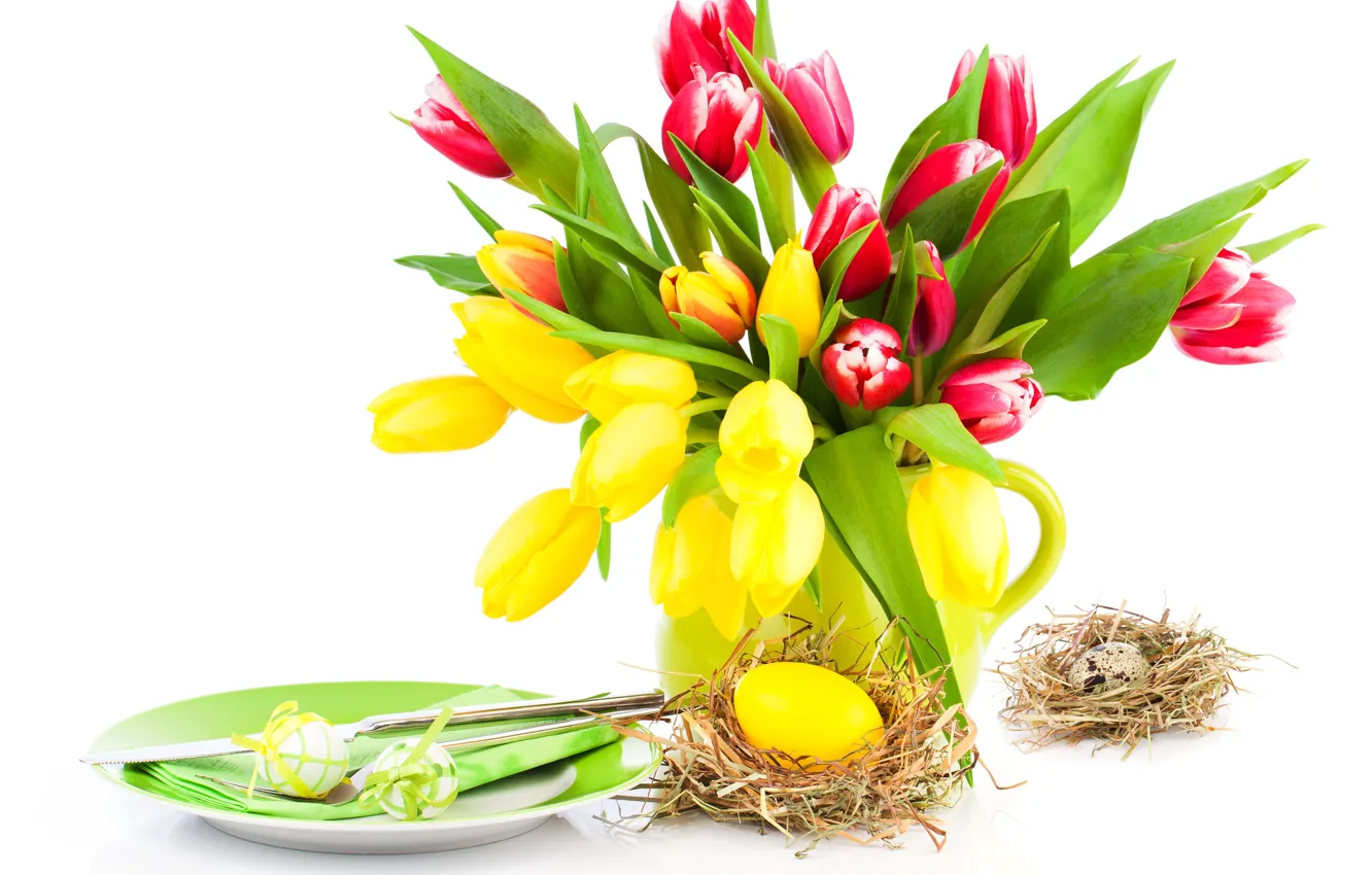 Photo wallpaper yellow, eggs, spring, plate, Easter, tulips, pink, Easter