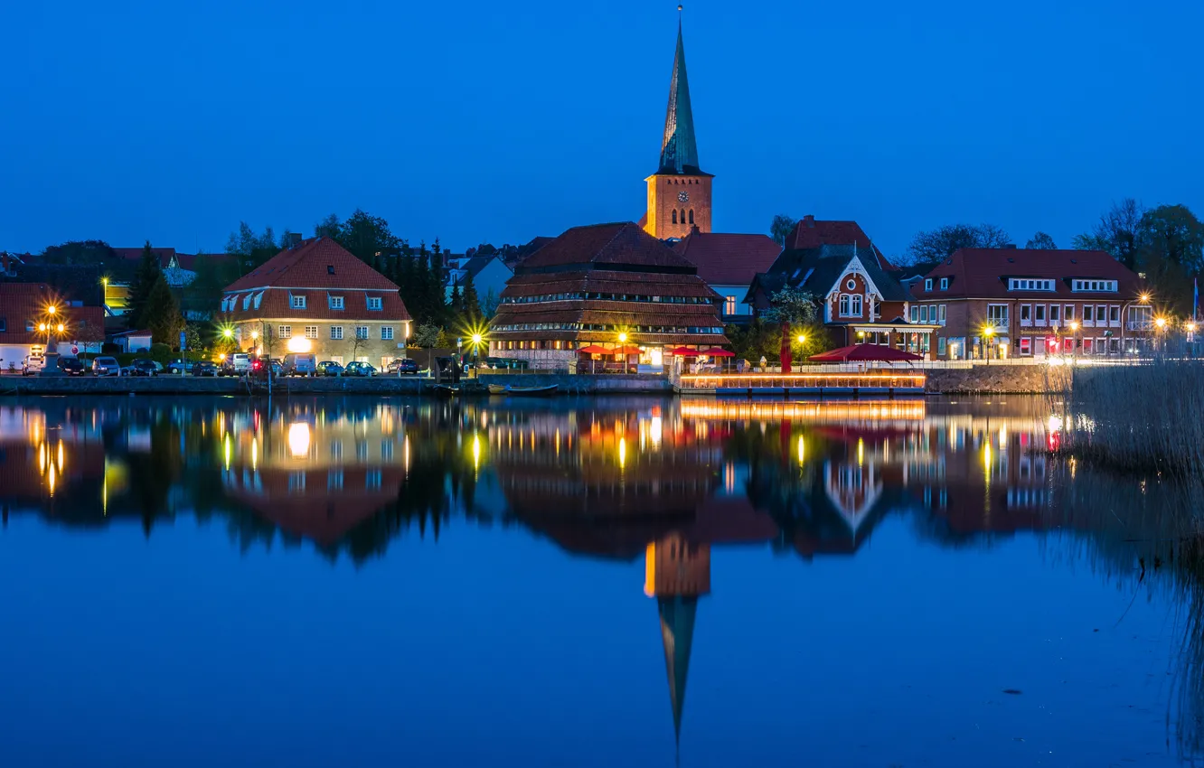 Photo wallpaper the sky, water, lights, reflection, river, home, the evening, Germany