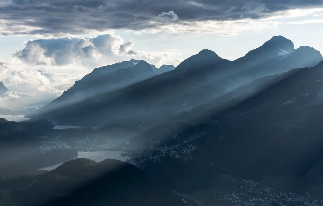 Photo wallpaper mountains, fog, morning
